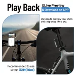 Bicycle handlebars with a mounted smartphone on the left showing a road scene and part of a bicycle frame on the right in a split collage layout with blue border shapes promotional graphic | PricZone