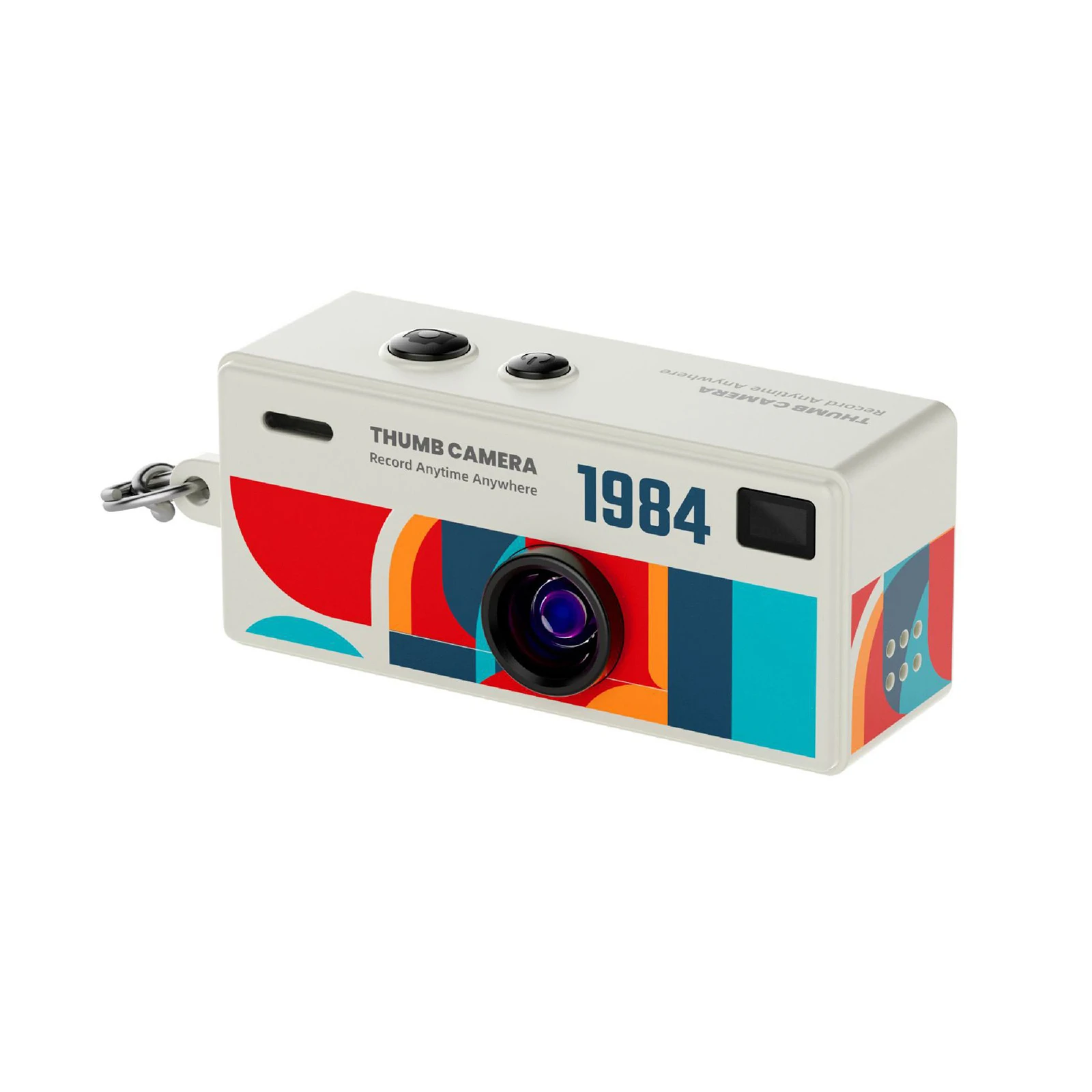 White vintage-styled toy camera with a large front lens and colorful geometric graphics; the number 1984 is printed on the side/face of the camera while a small viewfinder appears on the right.