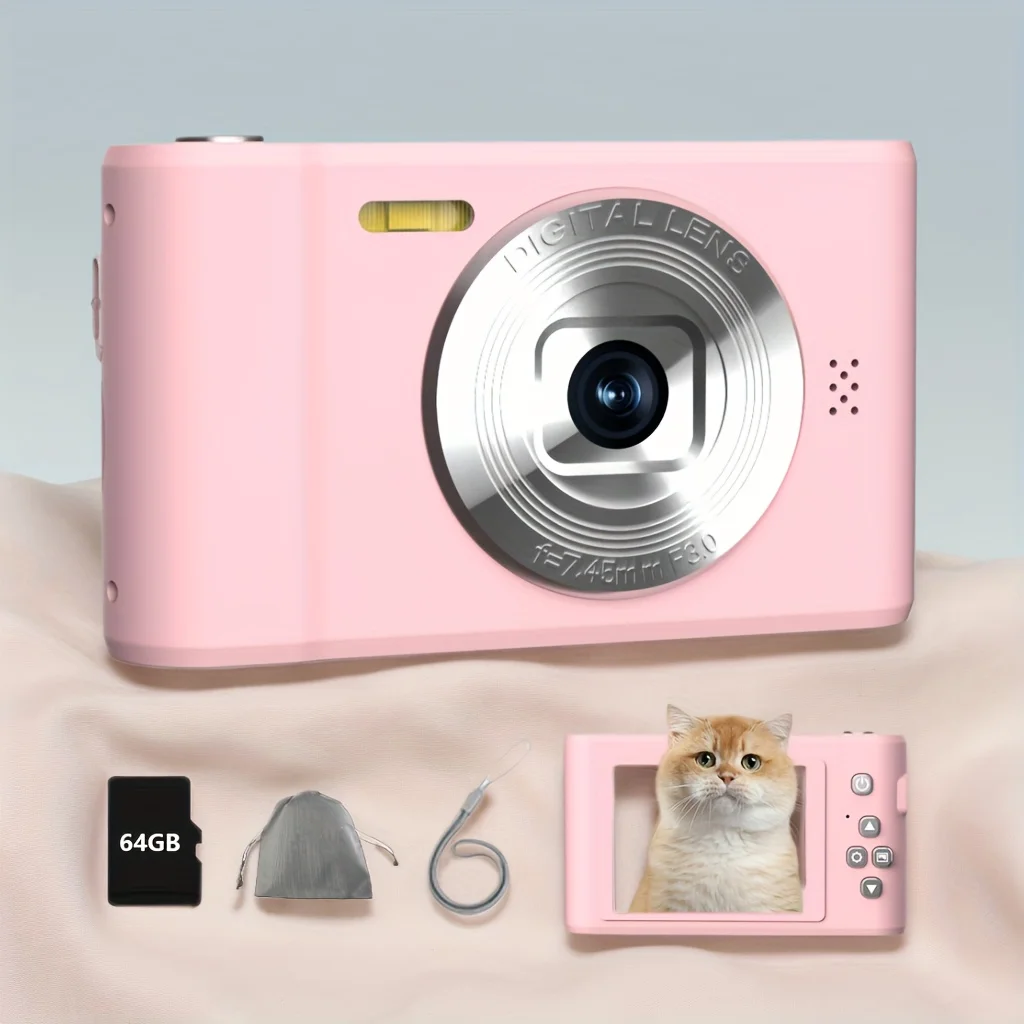 Funny Panda Pink Digital Camera 44Mp 1080P Vlogging 8 | PricZone Pink kids digital camera with a large silver lens plus 64GB microSD card gray pouch USB cable and a small pink camera displaying a cat on its screen | PricZone