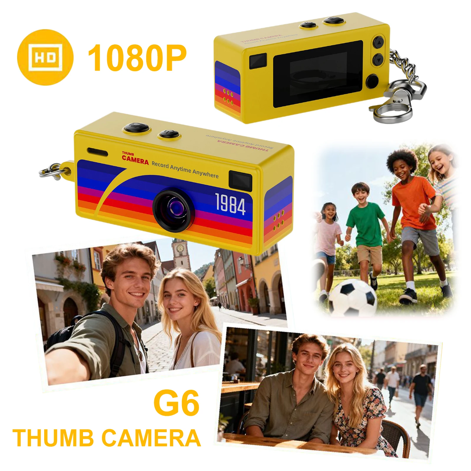 Collage of a yellow thumb camera toy labeled 1080P HD, with photos of kids playing soccer and friends posing outdoors in the background.
