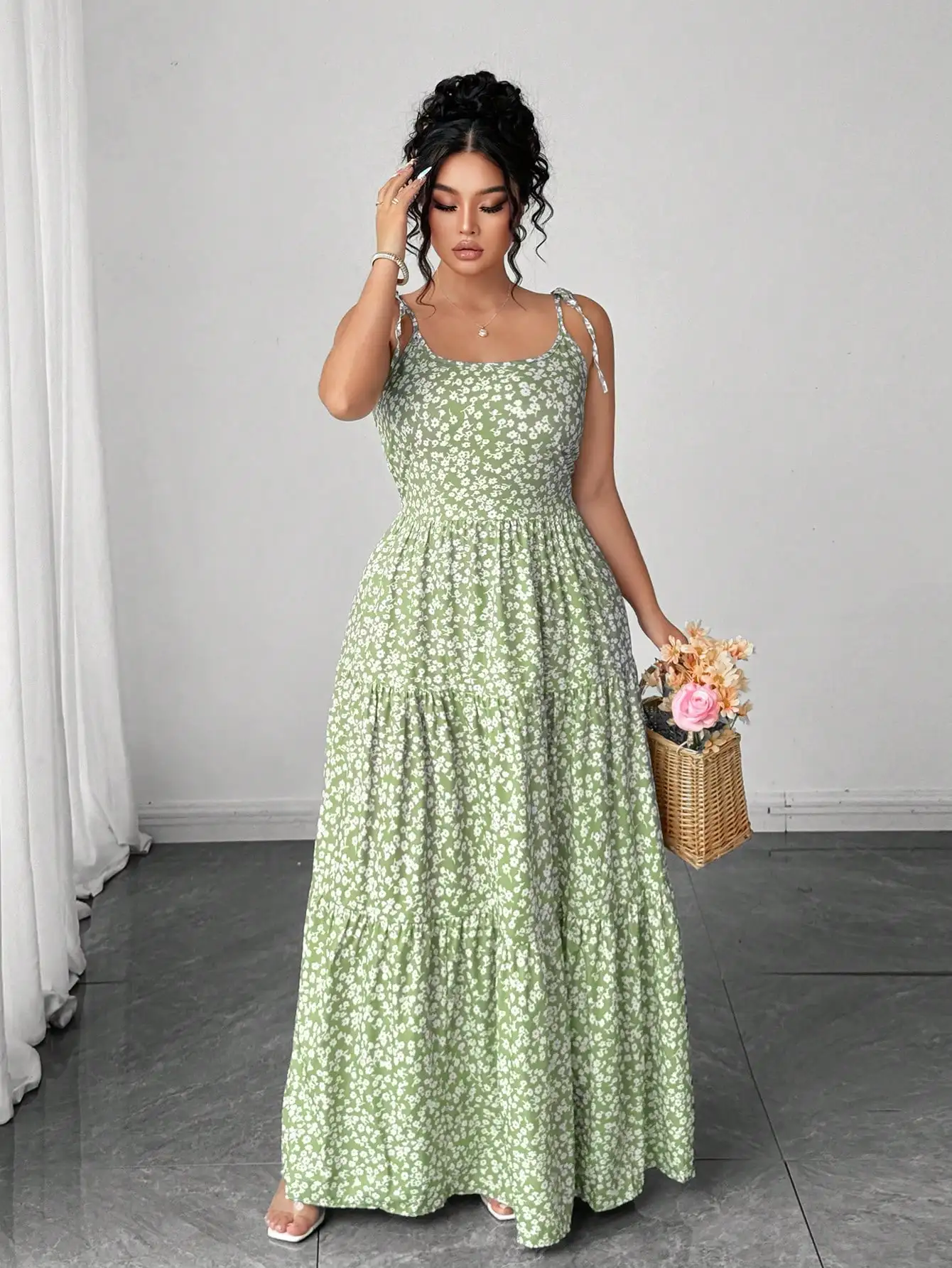 Light Green Tiny Floral Tiered Maxi Dress with Tie Shoulder 6 | PricZone Light Green Tiny Floral Tiered Maxi Dress with Tie Shoulder 6 | PricZone