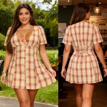 Plus Size V-Neck Plaid Mini Dress 2