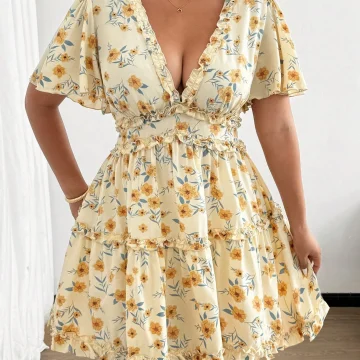 Plus Size Women Summer Chiffon Floral Ruffle Sleeve Mini 2