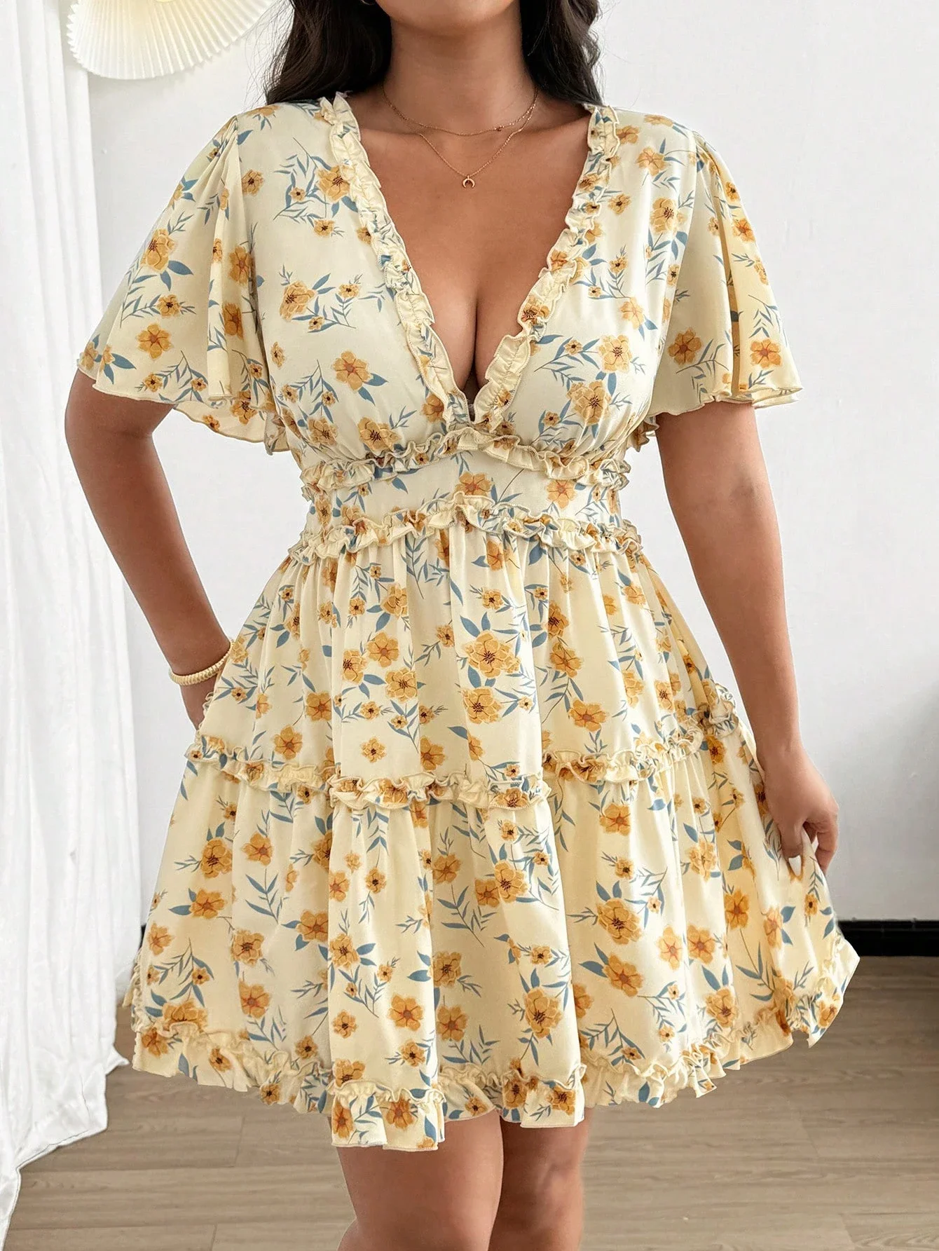 Plus Size Women Summer Chiffon Floral Ruffle Sleeve Mini 2 | PricZone Plus Size Women Summer Chiffon Floral Ruffle Sleeve Mini 2 | PricZone