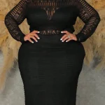 Plus Size Women Semi Sheer Lace Long Slim Fit Summer Dress 3 | PricZone Full length photo of a person in a black lace long sleeve dress standing with hands on hips against a stone wall backdrop | PricZone