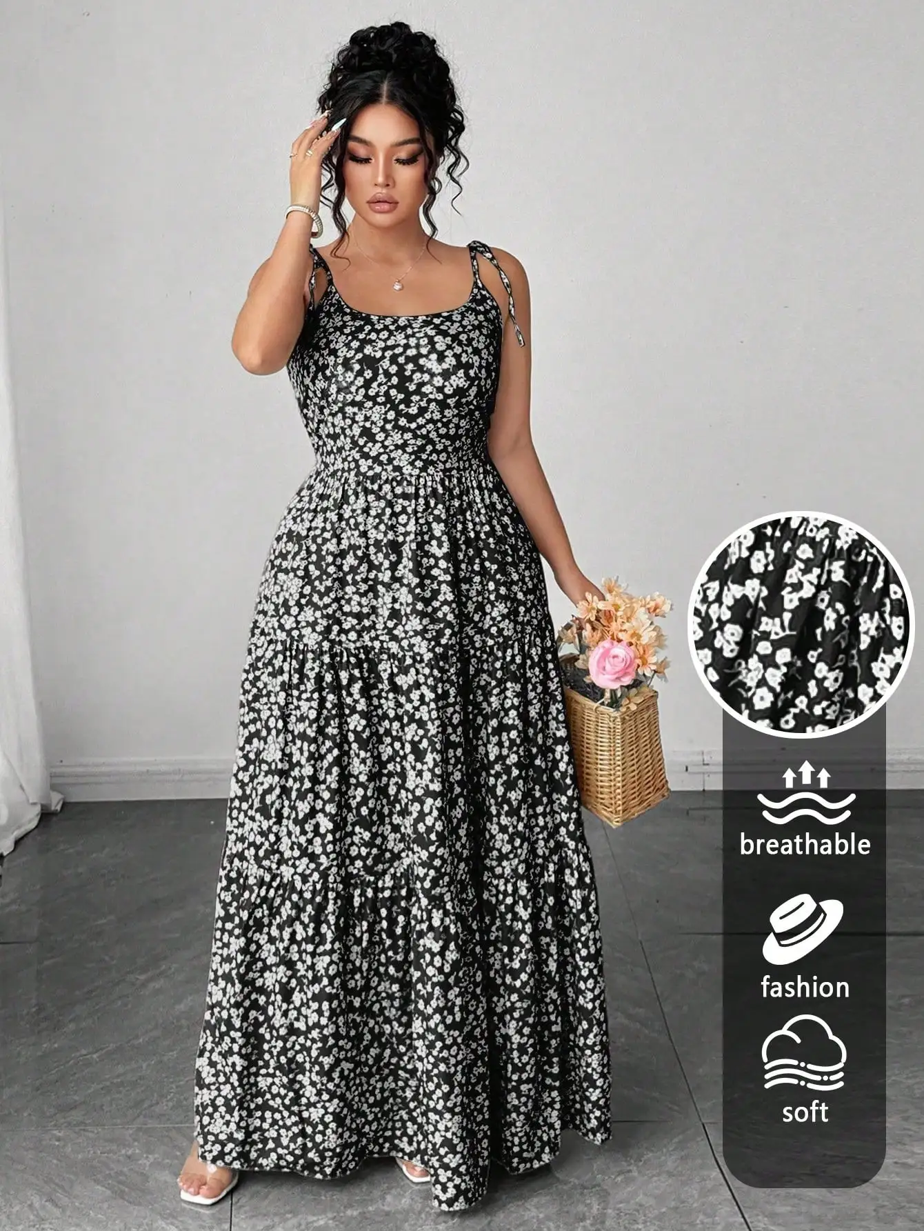 Light Green Tiny Floral Tiered Maxi Dress with Tie Shoulder 2 | PricZone Light Green Tiny Floral Tiered Maxi Dress with Tie Shoulder 2 | PricZone