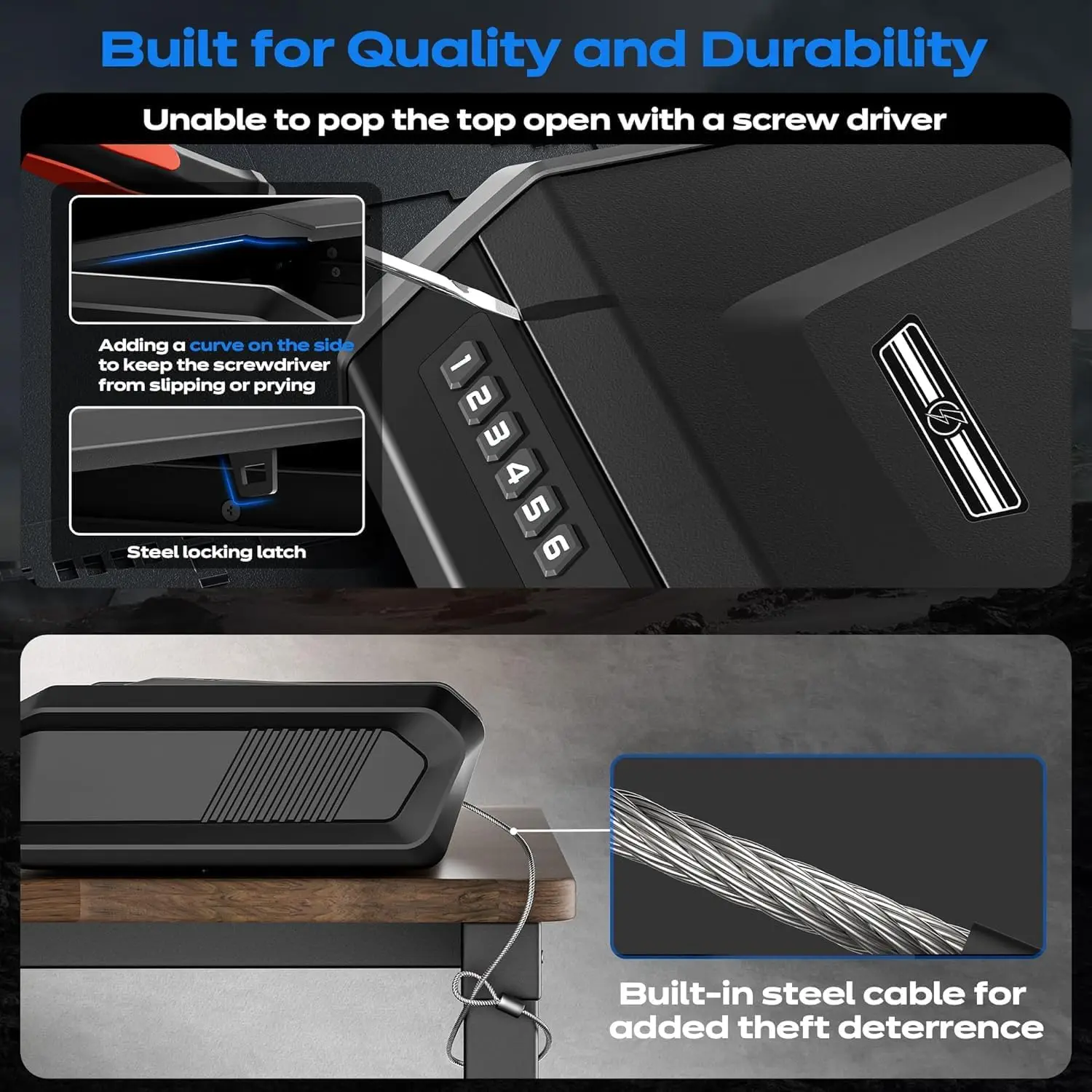 Infographic of a security safe featuring a numeric keypad, a steel locking latch, and a built‑in steel cable for theft deterrence.