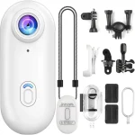 White handheld device with a large circular lens at the top surrounded by assorted mounting accessories cords and brackets arranged around itan all in one kit | PricZone