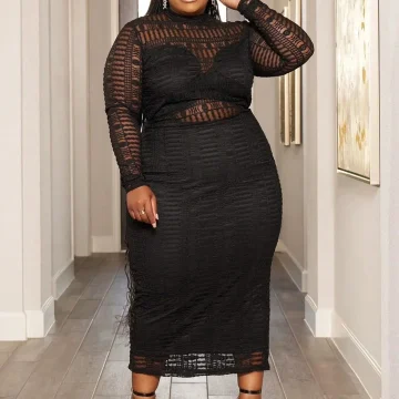 Plus Size Women Semi Sheer Lace Long Slim Fit Summer Dress 2