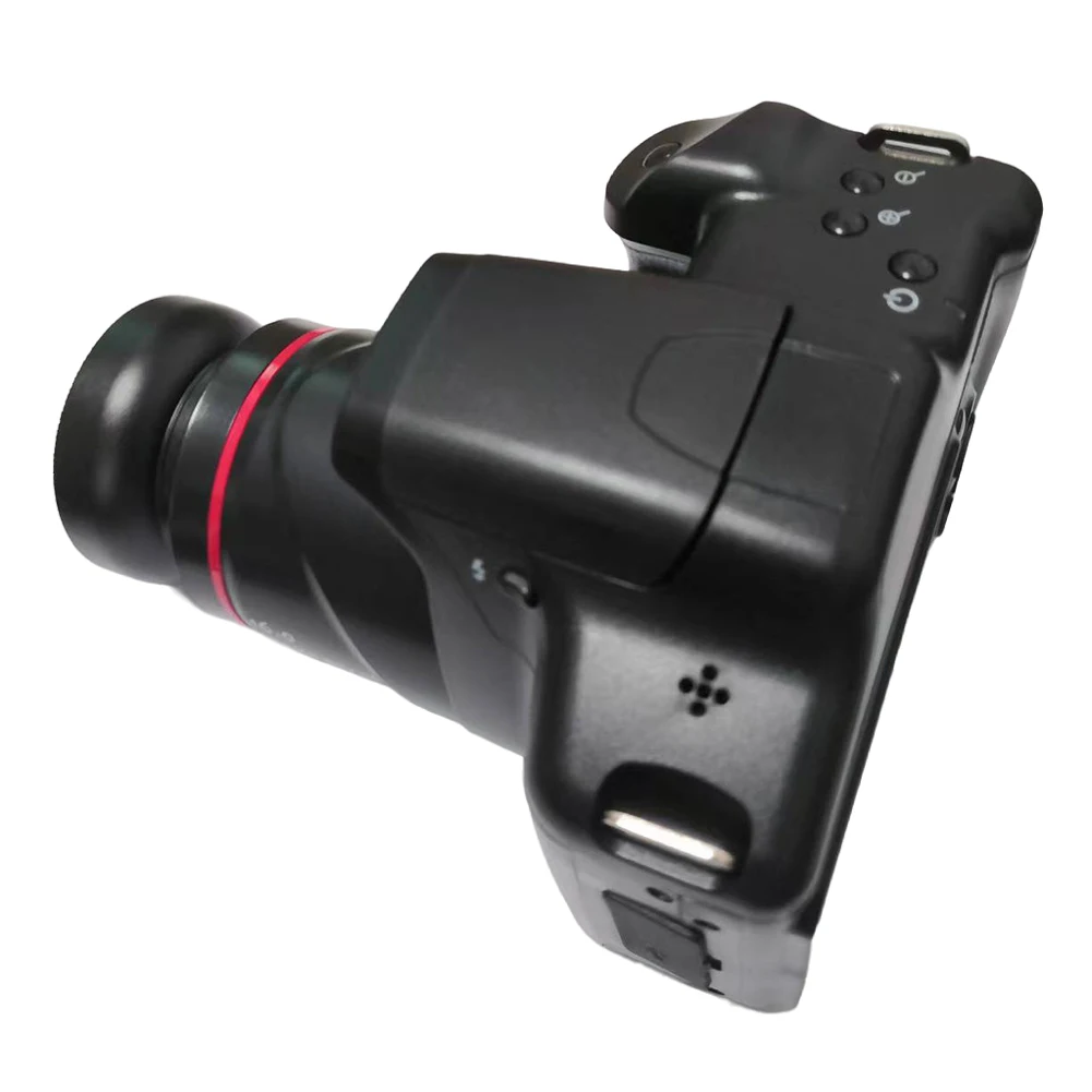 Black compact digital camera with a detachable lens and a red ring, shown at an angle to highlight the lens and controls.
