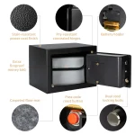 Infographic detailing features of a compact safe stain resistant finish pry resistant hinges battery holder and keypad area shown as callouts | PricZone