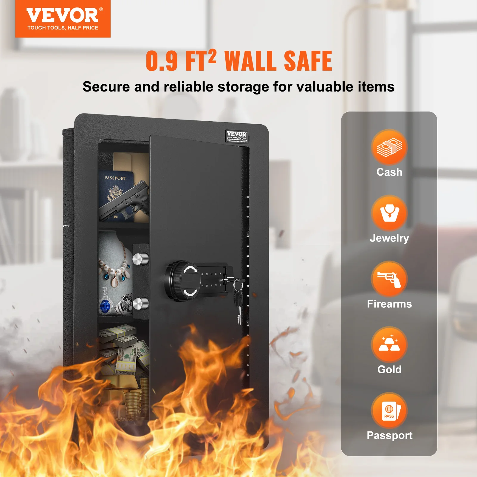 Q235 Steel Wall Safe with Keypad and 34 Tier Storage 2 | PricZone Wall safe opened to reveal cash and jewelry inside with a translucent vertical panel listing Cash Jewelry Firearms Gold Passport on the right | PricZone