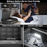 Biometric Gun Safe 01S Quick Access for 24 Pistols 6 | PricZone Home security safe ad gun safe with keypad and features like Silent Mode and LED Light shown with a masked intruder threatening a person in bed in the background | PricZone