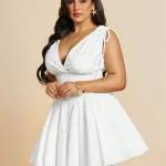 Plus Size VNeck Drawstring Puffy Mini Dress 5 | PricZone Plus Size V Neck Drawstring Puffy Mini Dress 5 | PricZone