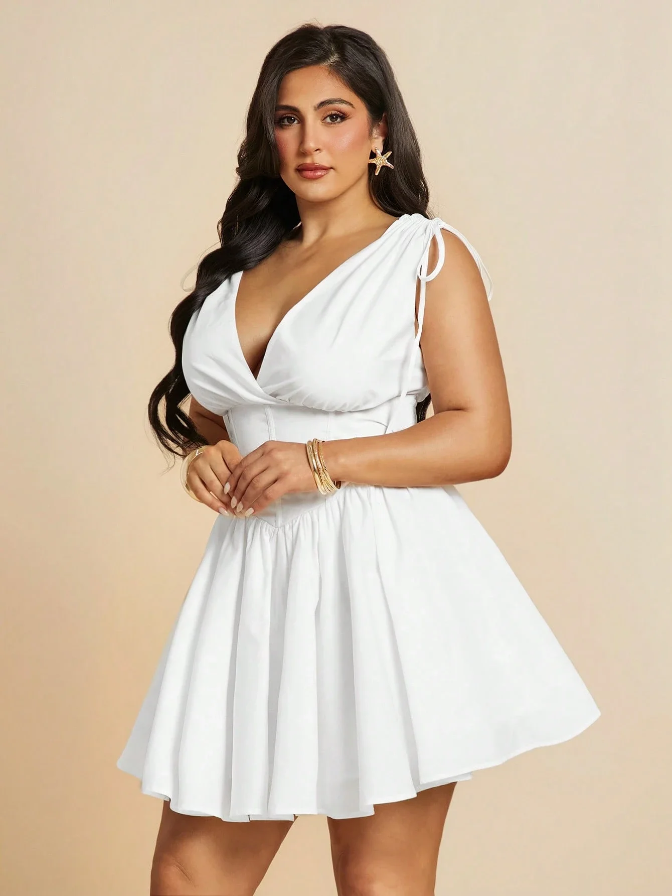 Plus Size VNeck Drawstring Puffy Mini Dress 5 | PricZone Plus Size V Neck Drawstring Puffy Mini Dress 5 | PricZone
