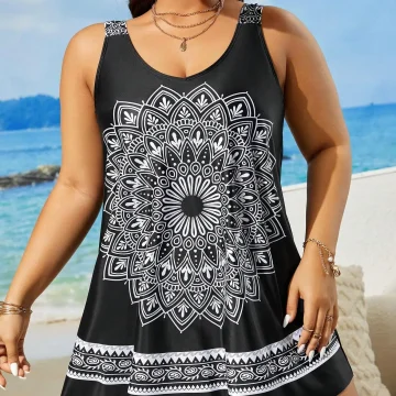 Plus Size Women's Mandala Print Sleeveless Swim Dress 1