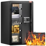 Open safe filled with cash gold bars jewelry a passport and documents flames blaze from the open door as a hazard | PricZone