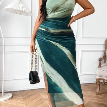 Plus Size Tie Dye Maxi Dress with Asymmetrical Neck 2