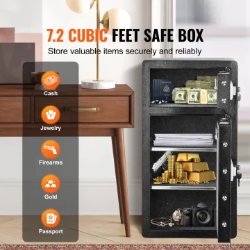Open safe with stacks of cash, passport, jewelry, and gold bars; left overlay lists valuables like Cash, Jewelry, Firearms, Gold, Passport in orange icons.