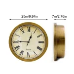 Inch Vintage Decor Clock with Hidden Safe Box 6 | PricZone Gold round clock with Roman numerals above it are dimension arrows labeled 25m984in for width and 7m276in for depth indicating size | PricZone