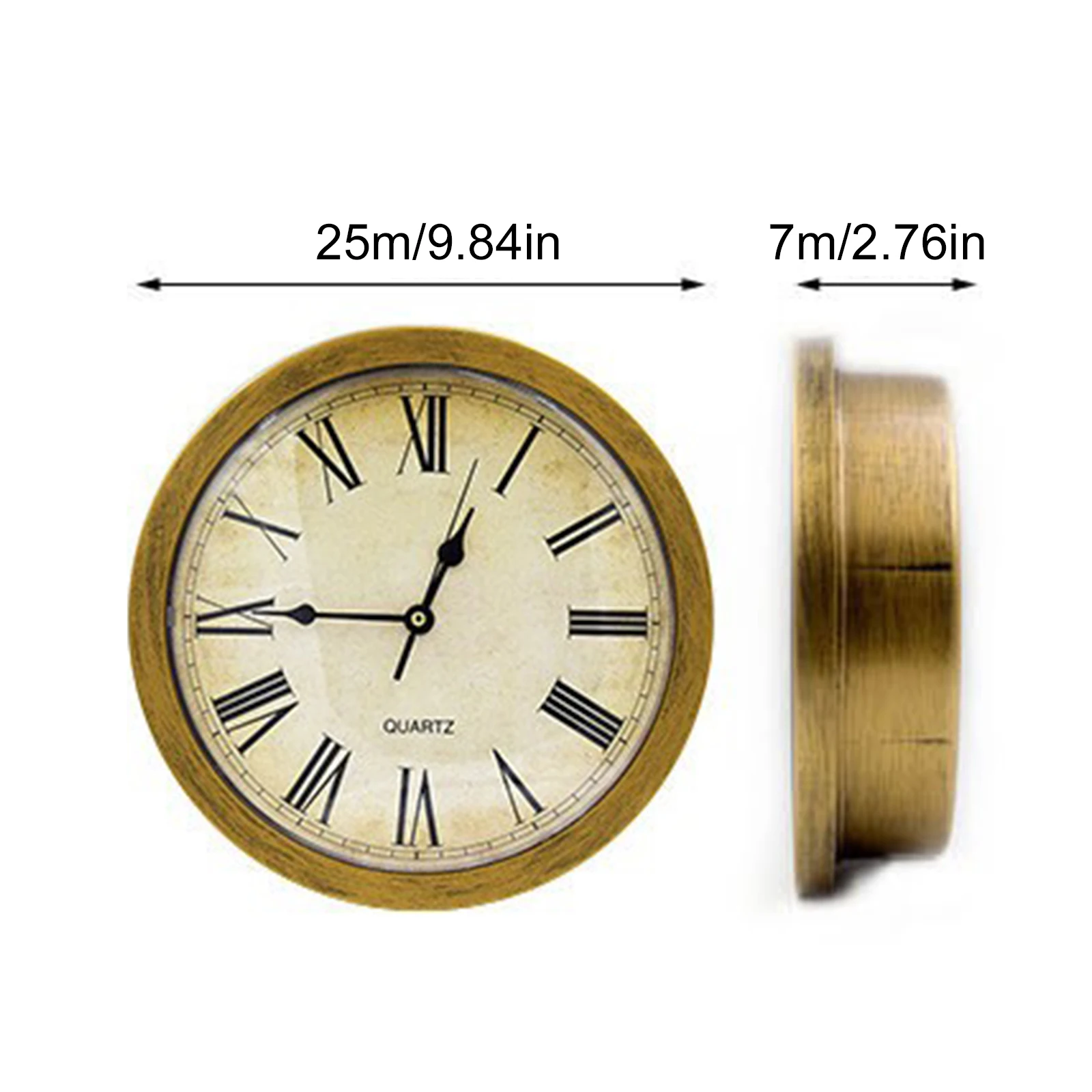 Inch Vintage Decor Clock with Hidden Safe Box 6 | PricZone Gold round clock with Roman numerals above it are dimension arrows labeled 25m984in for width and 7m276in for depth indicating size | PricZone