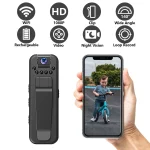Compact action camera with clip mount icons above show WiFi 1080p HD clip 140° wide angle rechargeable video night vision loop record a hand holds a smartphone displaying a child on a scooter | PricZone