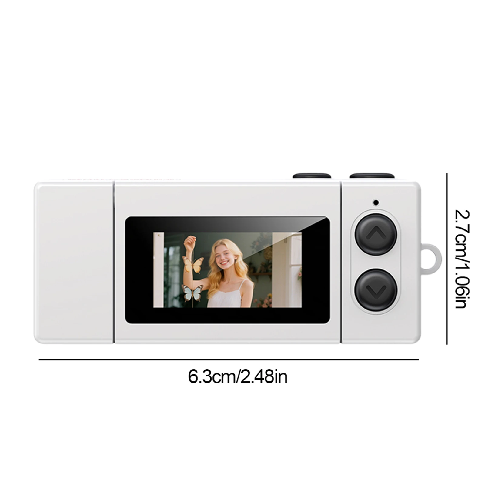 Compact handheld camera with a rectangular screen displaying a woman among butterflies; width labeled 6.3 cm (2.48 in) and height 2.7 cm.