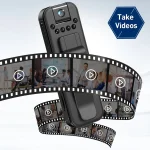 HD 1080P Miniature Body Camera with Night Vision 5 | PricZone Handheld video camera with a curling film strip of video thumbnails and a blue Take Videos badge in the corner | PricZone