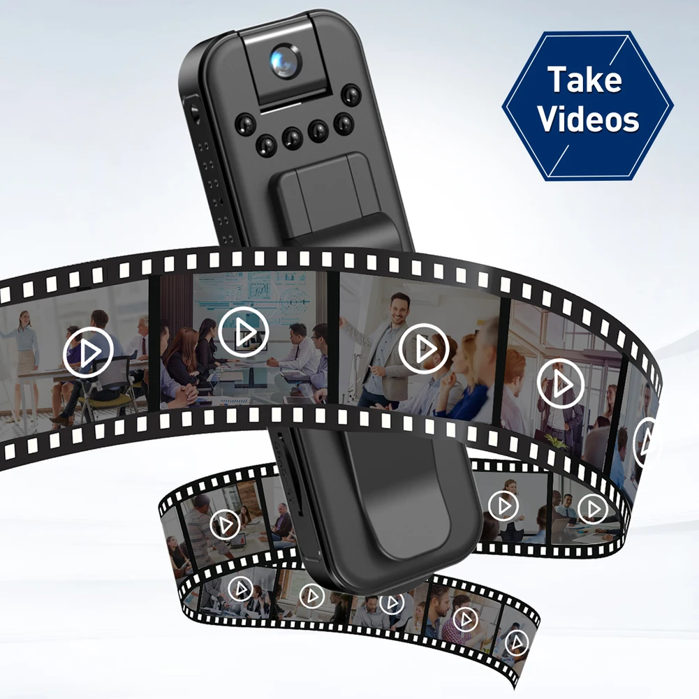 HD 1080P Miniature Body Camera with Night Vision 5 | PricZone Handheld video camera with a curling film strip of video thumbnails and a blue Take Videos badge in the corner | PricZone