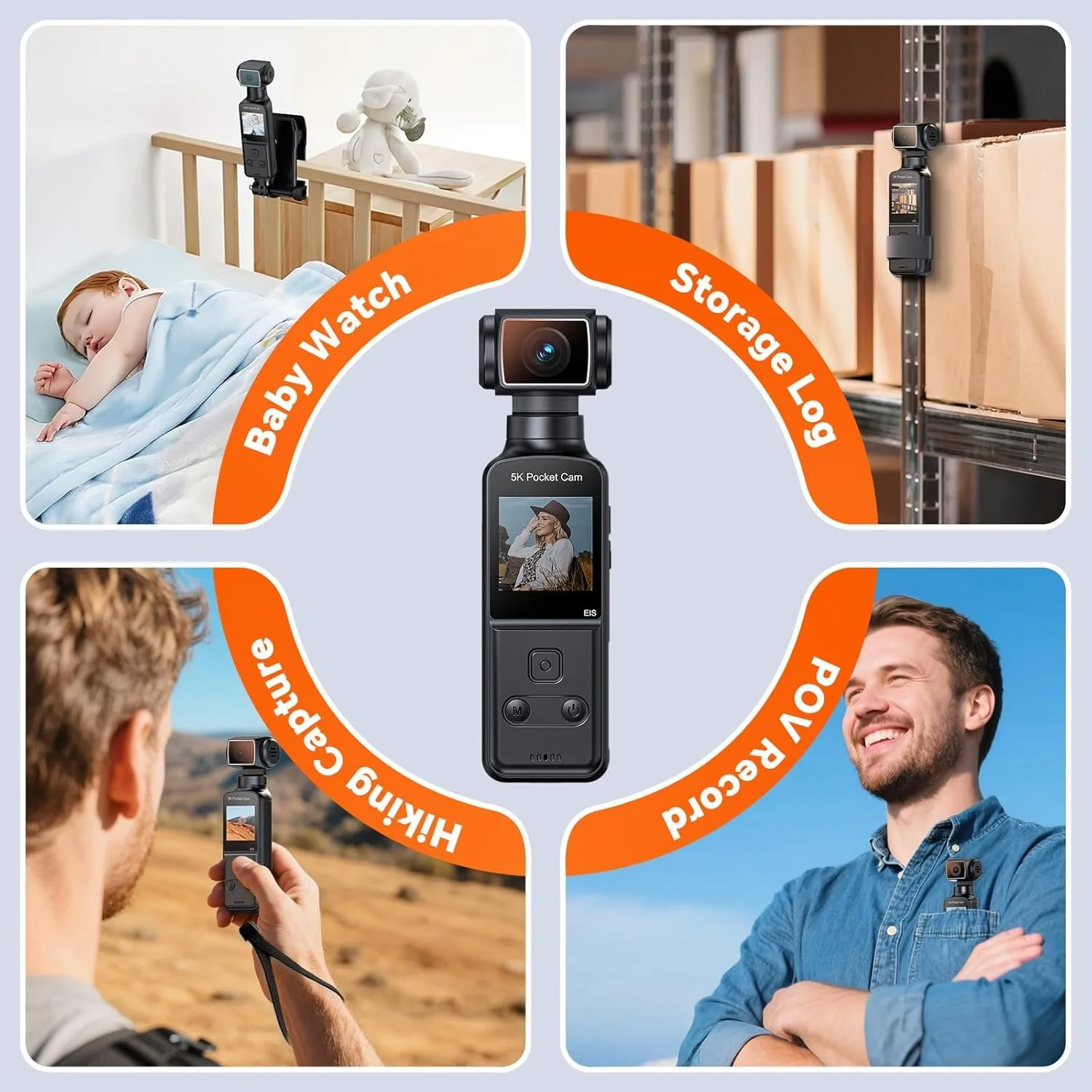 Promotional collage showing a 5K Pocket Cam used for Baby Watch, Storage Log, Hiking, and Power Record actions.