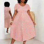 Boho Plus Size V Neck Gingham Long Summer Dress 1 | PricZone