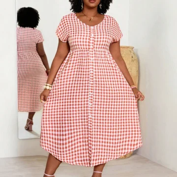 Boho Plus Size V-Neck Gingham Long Summer Dress 1