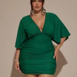 Plus Size Women VNeck Ruched Mini Green Party Dress 4 | PricZone Plus Size Women V Neck Ruched Mini Green Party Dress 4 | PricZone