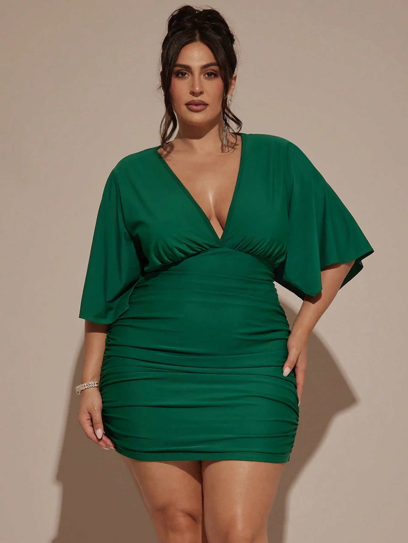 Plus Size Women VNeck Ruched Mini Green Party Dress 4 | PricZone Plus Size Women V Neck Ruched Mini Green Party Dress 4 | PricZone