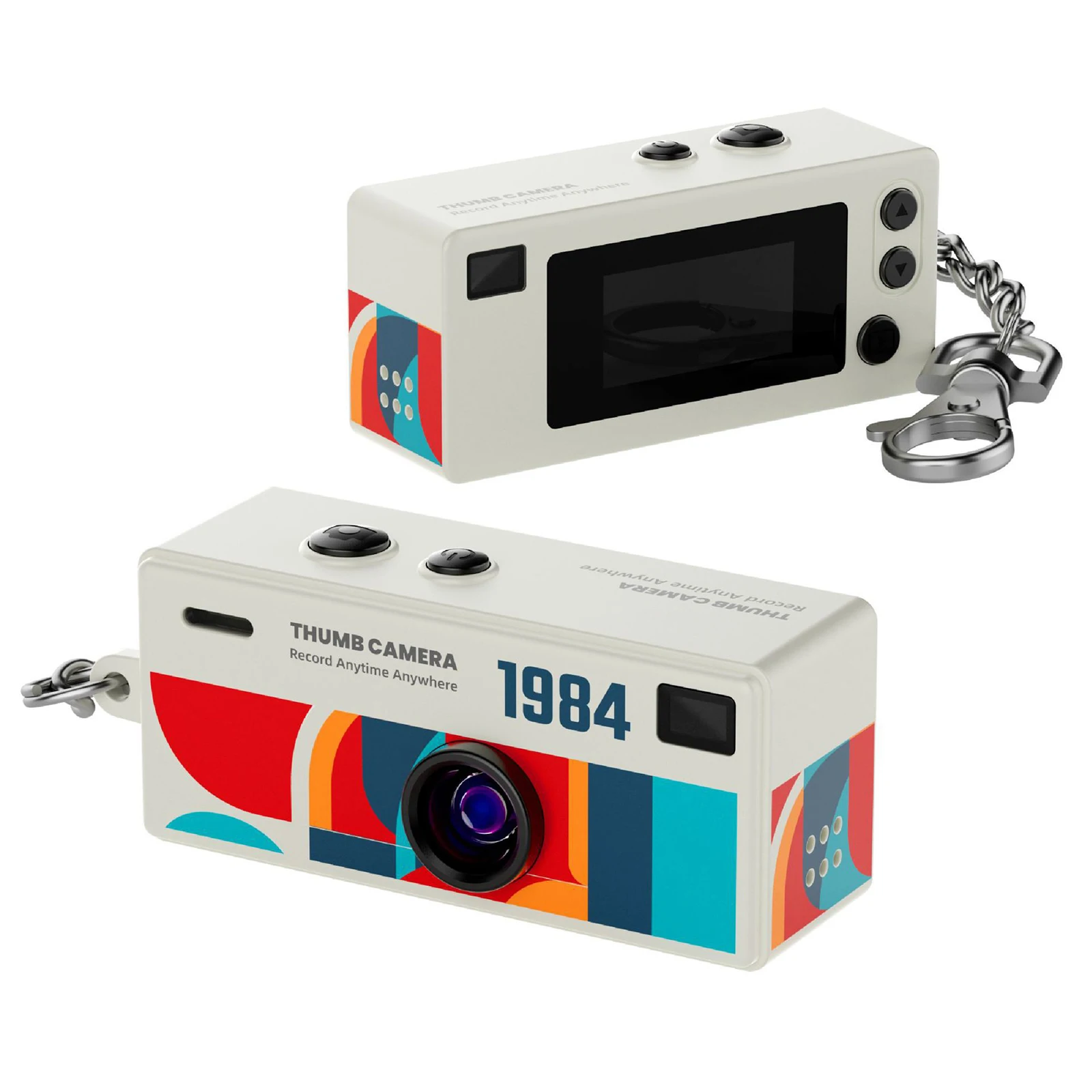 Palm-sized retro camera with a large black lens, white body, and colorful geometric wrapping, connected to a chain strap.
