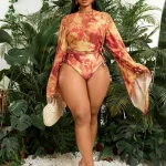 Vibrant Orange Abstract Print Plus Size Sheer Swimwear Set 5 | PricZone