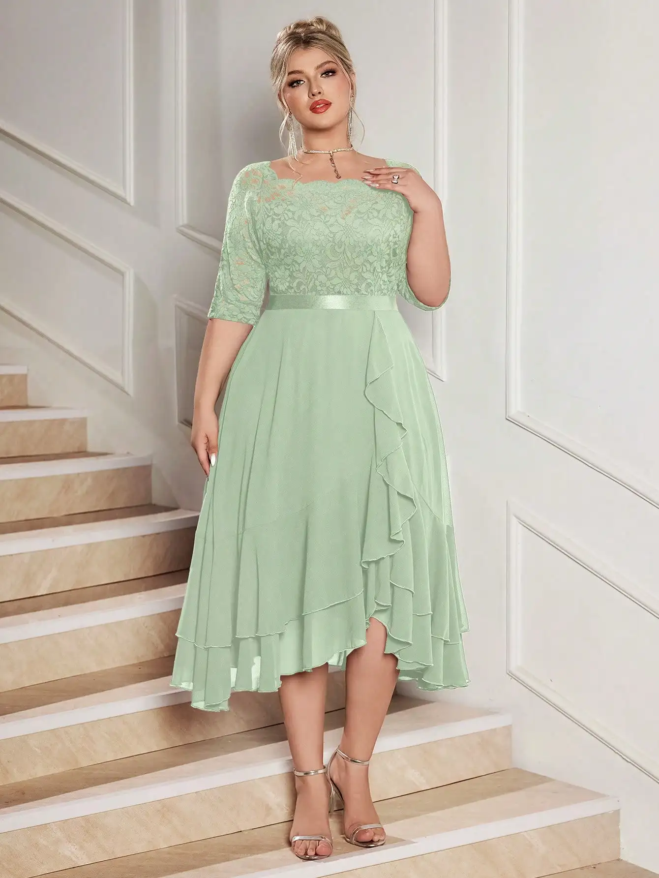 Plus Size Floral Lace Chiffon Cocktail Dress with Ruffle Hem 2 | PricZone Plus Size Floral Lace Chiffon Cocktail Dress with Ruffle Hem 2 | PricZone
