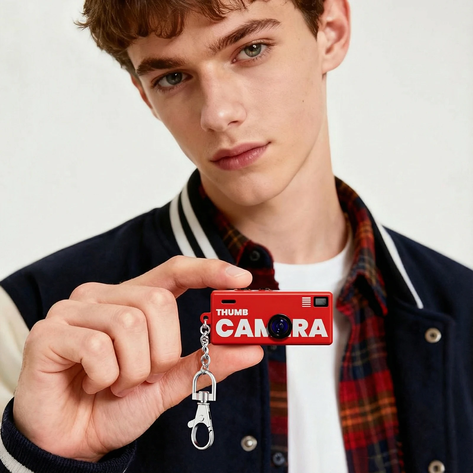 Young man holding a small red mini camera labeled 'THUMB CAMERA' and looking to the side, with a silver keychain visible.