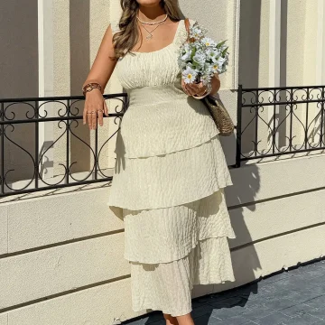 Plus Size Women Solid Color Tiered Ruffled Summer Dress 1