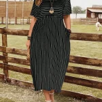 Plus Size Women Striped Pocket Midi Summer Dress 5 | PricZone