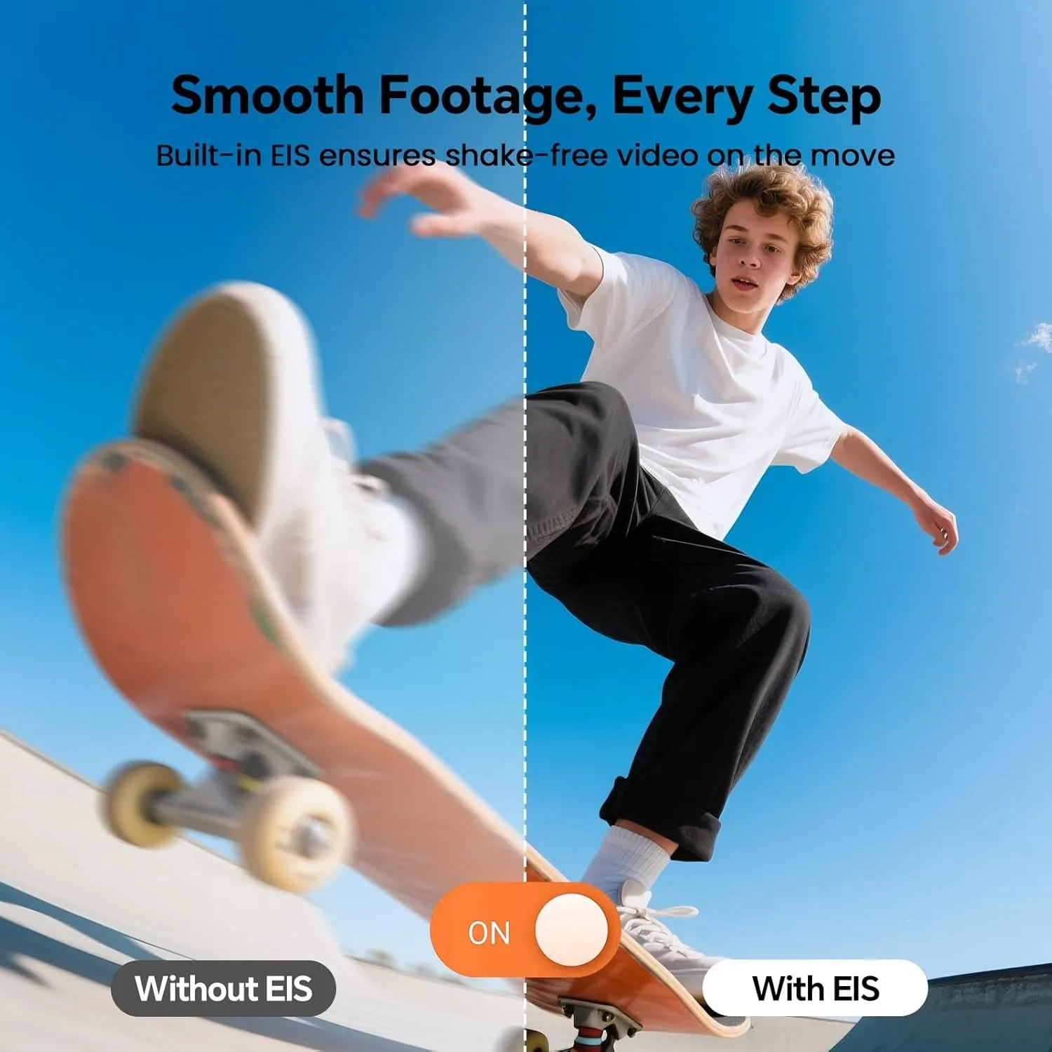 Promotional image showing a skateboarder mid-air with a dashed vertical divider, comparing 'Without EIS' on the left to 'With EIS' on the right to illustrate shake-free video stabilization.