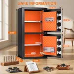 HeavyDuty Large Capacity Safe with Hidden Knob and Dual 5 | PricZone Tall black gun safe with bright orange quilted interior doors open to reveal shelves and a small interior safe compartment dimension labels shown around the unit | PricZone