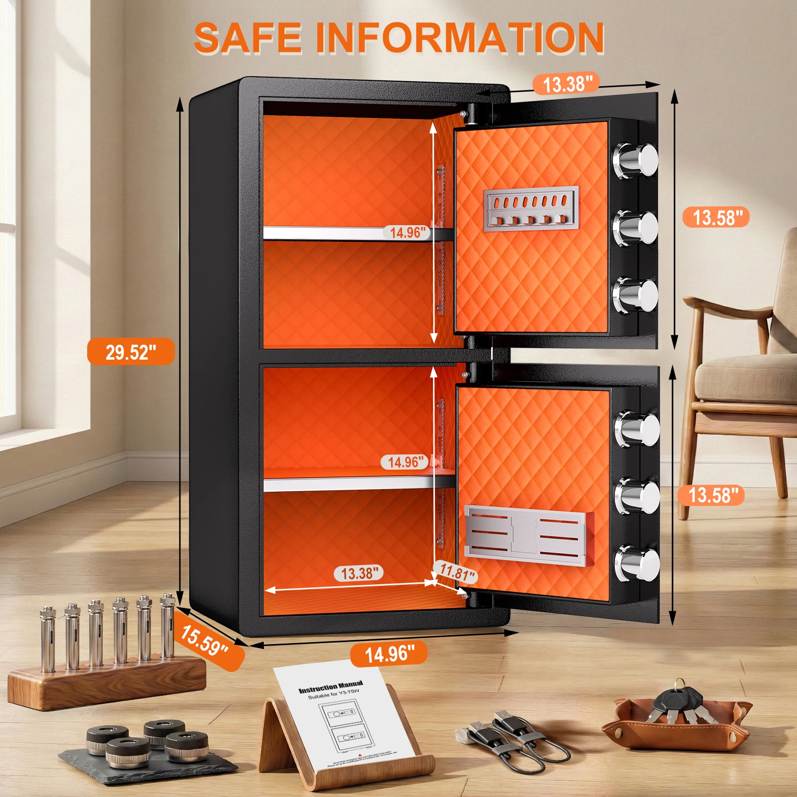 HeavyDuty Large Capacity Safe with Hidden Knob and Dual 5 | PricZone Tall black gun safe with bright orange quilted interior doors open to reveal shelves and a small interior safe compartment dimension labels shown around the unit | PricZone
