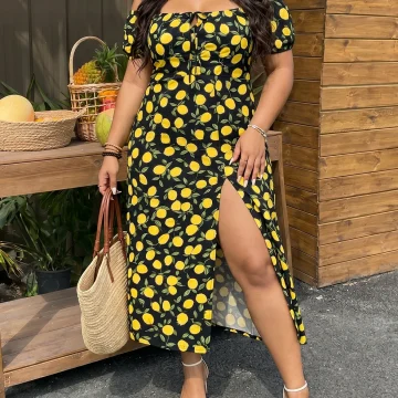 Casual Summer Plus Size Lemon Print Split Maxi Dress 1 | PricZone