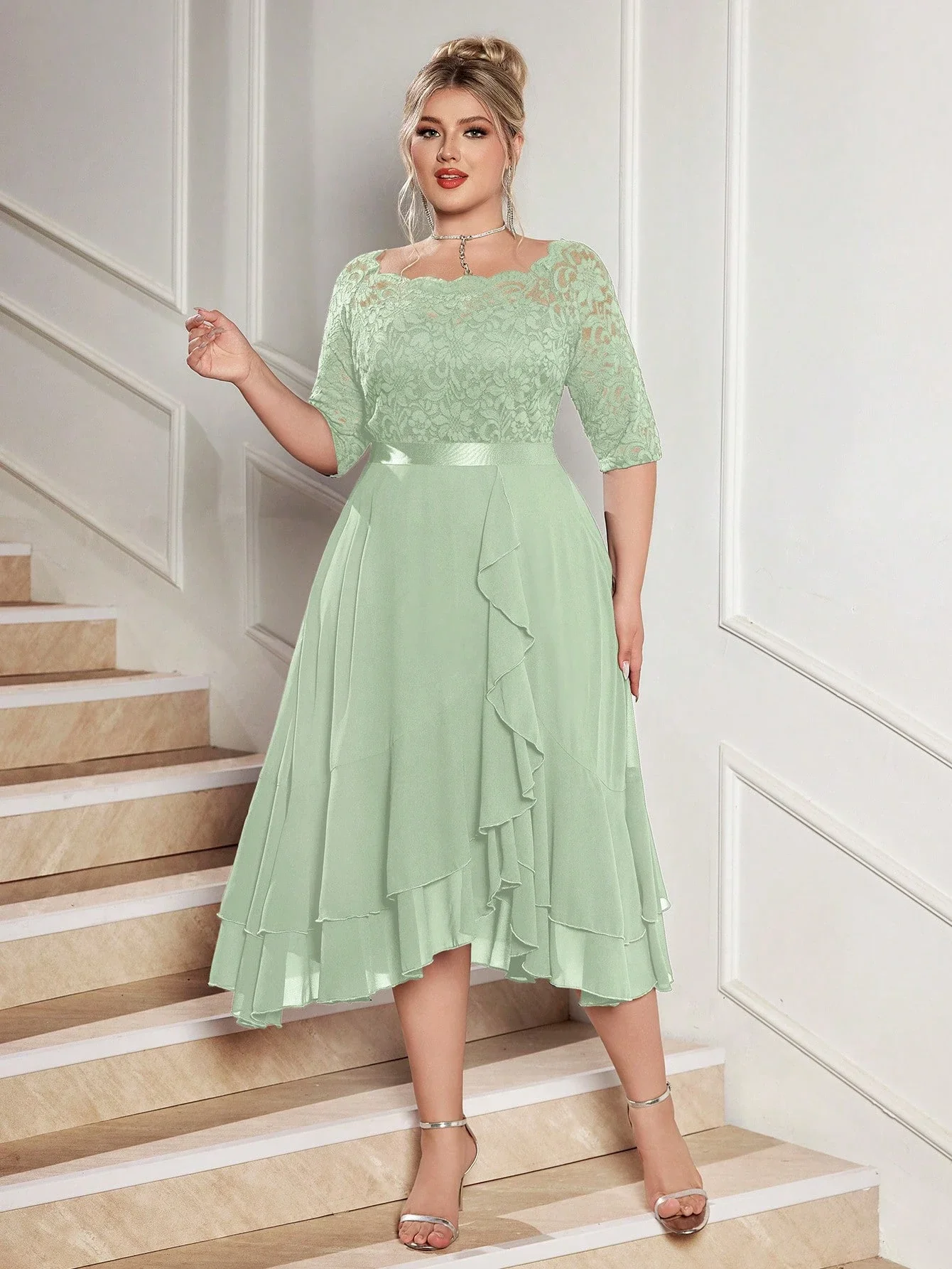 Plus Size Floral Lace Chiffon Cocktail Dress with Ruffle Hem 5 | PricZone Plus Size Floral Lace Chiffon Cocktail Dress with Ruffle Hem 5 | PricZone