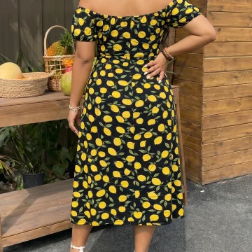 Casual Summer Plus Size Lemon Print Split Maxi Dress 2