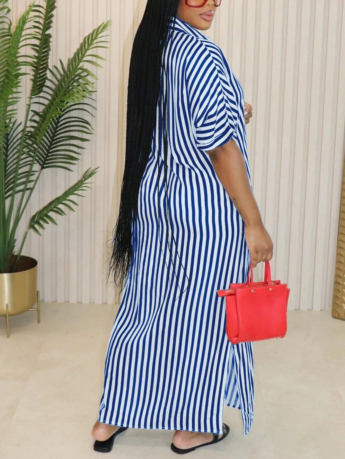 Plus Size Striped Shirt Dress with Side Slit 6 | PricZone Plus Size Striped Shirt Dress with Side Slit 6 | PricZone