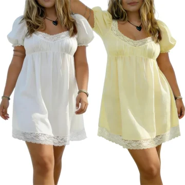 Two women in knee-length dresses with lace hems; one white dress on the left and a pale yellow dress on the right, both with puff sleeves and heart-shaped necklaces.