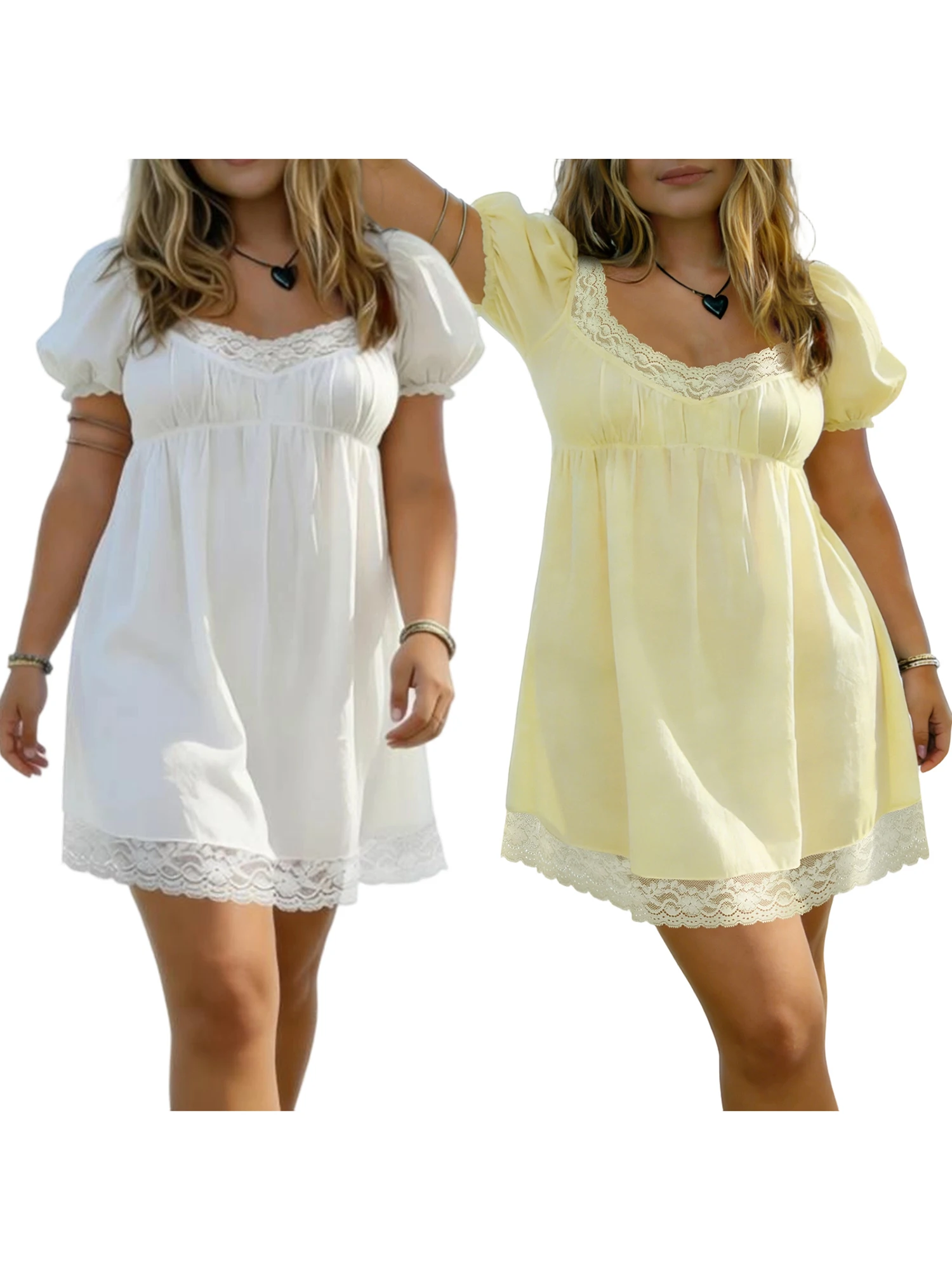 Plus Size Floral Print Maxi Dress 1 | PricZone Two women in knee length dresses with lace hems one white dress on the left and a pale yellow dress on the right both with puff sleeves and heart shaped necklaces | PricZone