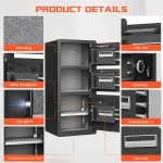 0 Cub Extra Large Home Safe Box Fireproof Waterproof 5 | PricZone Diagram of a safe with orange callouts labeling features soft lining drop slot metal storage box triple door LED light adjustableremovable shelf and key hook | PricZone